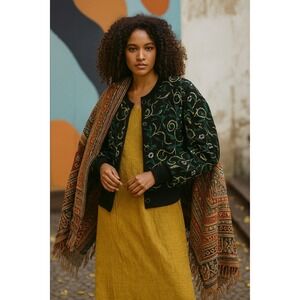 Portara Bomber Jacket Womens 12 Gray Green Floral Embroidered Wool Art‎ to Wear